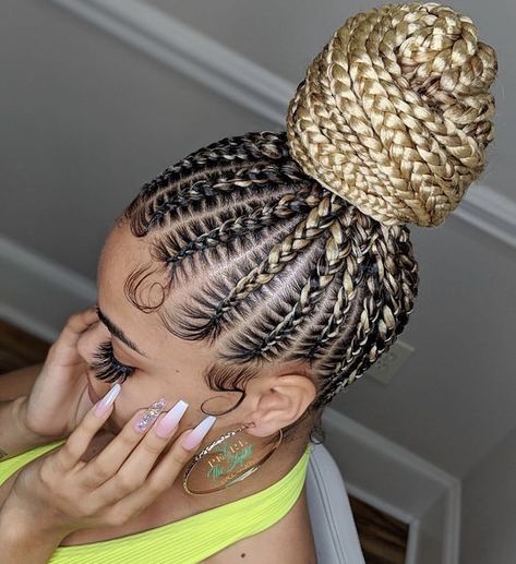 Cornrows Going Up Into A Ponytail, Braids Going Into A Ponytail, Stitch Braids Into Bun, Cute Stitch Braids, Stitch Braid Ponytail, Stitch Ponytail, Cornrows With Box Braids, Braided Hair Styles, Blonde Hair Extensions