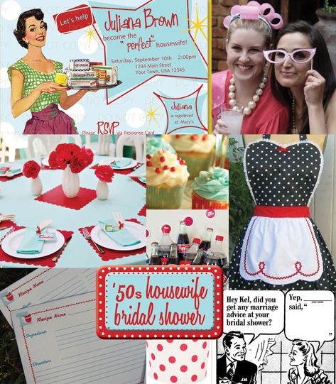 vintage kitchen bridal shower | retro invitations 2 retro ladies with props 3 red 1950s Bridal Shower, Retro Bridal Showers, 50s Housewife, Retro Invitation, Bridal Shower Advice, Retro Bridal, Vintage Bridal Shower, Retro Housewife, Shower Inspiration