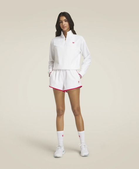 DAVENPORT WOVEN POP OVER | Wilson Sporting Goods Sport Coach Outfit, Wilson Tennis Outfit, Women Tennis Outfits, Workout Wear Outfits, Soccer Fits, Summer Sports Outfits, Athleisure Chic, Summer Workout Outfits, Wilson Sporting Goods