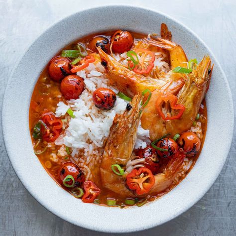 Mob — Spicy Charred Tomato Prawns with Brothy Rice Citrus Fish, Salmon Tacos, Tom Yum, Prawn Recipes, Fish Stew, Cocktail Desserts, Vegetable Puree, Food Garnishes, Healthy Lunch Recipes