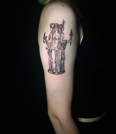 The Maiden The Mother The Crone Tattoo, Hecate Goddess Tattoo Sleeve, Hecate Tattoo Ideas, Greek Tattoos Mythology Goddesses, Mother Maiden Crone Tattoo, Goddess Moon Tattoo, Hekate Tattoo Triple Goddess, Hecate Goddess Tattoo Design, Maiden Mother Crone Tattoo