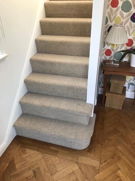 This neutral carpet from Thomas Witter compliments the new parquet floor and wallpaper perfectly!  (Pictured: Accolade 40oz Carpet colour Bayleaf) Cream Carpet, Parquet Floor, Neutral Carpet, Stair Case, Wooden Floors, Grey Carpet, Carpet Stairs, Parquet Flooring, Carpet Colors