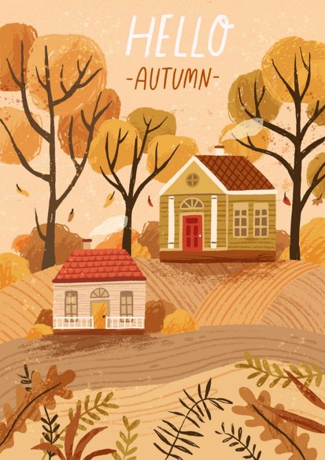 Countryside Scenery, Postcard Poster, Cottage Illustration, Rustic Houses, Landscape Countryside, Countryside Landscape, Autumn Illustration, Stickers Kawaii, Inspire Me Home Decor