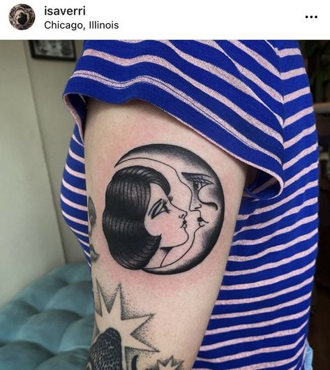 signs Tattoo art of zodiac signs in traditional style Groovy Traditional Tattoo, Lady Moon Tattoo, 1920s Tattoo Ideas, Moon Arm Tattoo, Traditional Woman Tattoo, Traditional Moon Tattoo, Traditional Tattoos Women, Quick Tattoos, Feminine American Traditional Tattoos