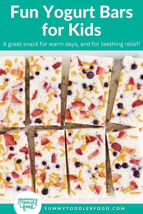 Yogurt bars cut into squares. Granola Yogurt Bars, Diy Frozen Yogurt, Tiny Bellies, Blueberry Yogurt Cake, Planning 2023, Frozen Yogurt Pops, Yogurt Bars, Yogurt And Fruit, Homemade Sorbet