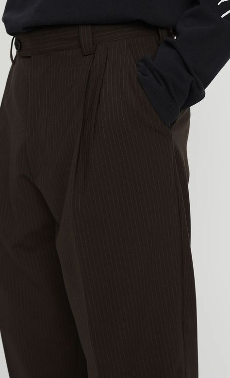 dark brown trousers with pinstripes, wool, menswear Dark Brown Trousers, Pinstripe Trousers, Brown Pinstripe, Trousers Men, Brown Trousers, Pants Men, Mens Trousers, Mens Pants, Dark Brown