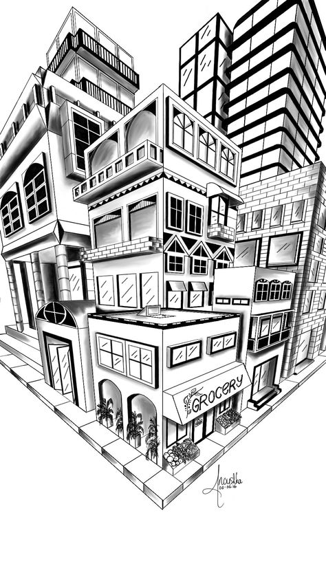 3point Perspective Drawing Building, 3 Point Perspective Art, Prespective Sketches 3 Point, Sketch Reference Photo Objects, Three Point Perspective City, 3 Point Perspective Building, Two Point Perspective Building, 3point Perspective Drawing, 3 Perspective Drawing