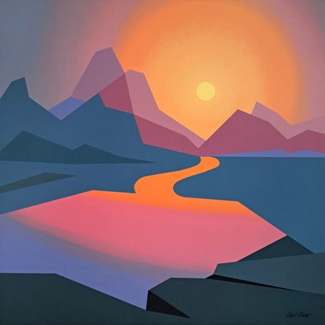 Artist Gallery: Denys Golden Sunset Illustration Art, Golden Canada, Purple Rocks, Geometric Sun, Geometric Graphic Design, Purple Mountains, Reference Board, 2d Illustration, Conceptual Painting