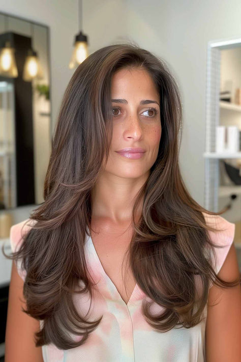 Woman with a sleek blowout featuring long layers for added volume. Hair Blowout Styles, Volume Blowout, Long Hair Volume, Cutest Hairstyles, Sleek Blowout, Everyday Hair, Blowout Hair, Long Locks, Hairstyles For Long Hair