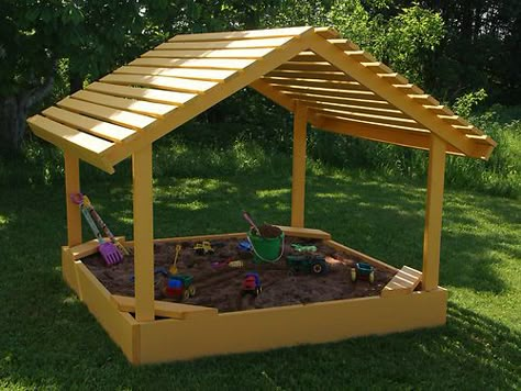 This is the cutest little sandbox!!! PLANS to build a 6 x 6 covered sandbox sand box. Playground equipment. Sandbox Plans, Sandbox Ideas, Sand Boxes, Diy Sandbox, Outdoor Play Areas, Outside Fun, Kids Backyard, Outside Play, Kids Outdoor Play