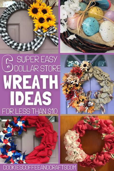 Dollar Tree Front Door Decor, Dollar Tree Door Wreath, Dollar Tree Wire Wreath Ideas, Diy Door Wreaths Dollar Tree, Dollar Store Wreath Diy, Dollar Tree Wreath Ideas, August Decorations, Dollar Tree Spring Wreath, Dollar Tree Wreaths