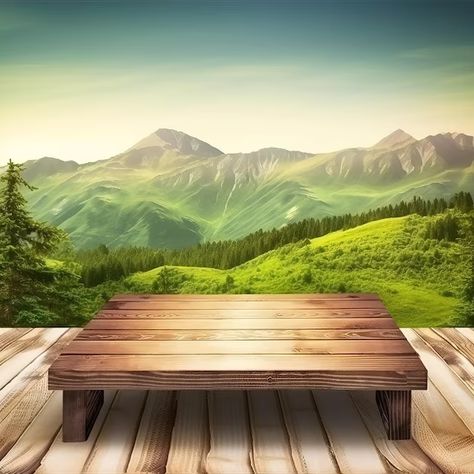 Premium Photo | Photo a wooden deck with a mountain landscape in the background. Mountains Background For Editing, Premium Background Design, Landscape Background For Editing, Mountain Background For Editing, Beautiful Backgrounds For Editing, Product Background Template, Nature Background Images For Editing, Product Background Design, New Product Poster