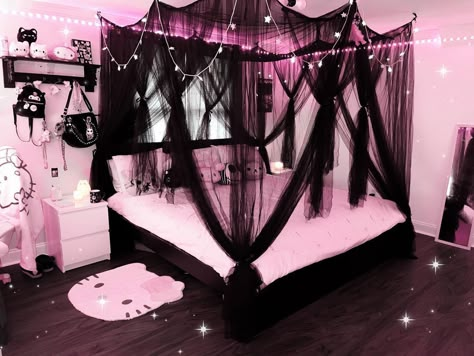 Dark Princess Room Aesthetic, Black And Pink Aesthetic Bedroom, Gothic Kawaii Room, Black White And Pink Room Ideas, Pink Room Black Furniture, Pastel Gothic Room, Pink And Black Room Aesthetic Grunge, Gothic Y2k Room, White Black Pink Bedroom