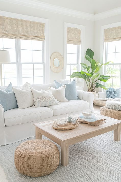 Transform your space with this bright and airy coastal living room design. Discover how to incorporate the tranquil vibes of the sea into your home decor. Explore color palettes featuring soft blues and beachfront white shades that create a calming atmosphere. Add elements like textured fabrics, coastal-themed accessories, and natural materials to enhance the coastal look. Find ideas for furniture that promotes comfort while connecting you to coastal landscapes. Rejuvenate your living space with these easy tips for a coastal haven feel. Pale Blue Home Decor, Coastal Living Rooms Pop Of Color, Beach Furniture Living Room, Coastal Hamptons Living Room, White Blue And Wood Living Room, Cottage Beach House Living Room, Beachy Themed Living Room, Coastal Modern Curtains, Beach Vibe Living Room Decor