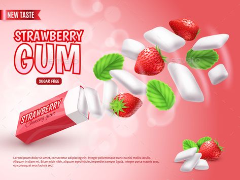 Realistic Chewing Gum Advertising Composition #Chewing, #Realistic, #Gum, #Composition Gum Advertising, Rapper Design, Background Advertising, Red Gradient Background, Fruit Farm, Red Gradient, Gradient Background, Chewing Gum, Creative Ads