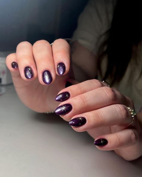 Purple Nails With Stars, Dark Purple Nails With Design, Deep Purple Nails Design, Purple Star Nails, Dark Purple Nail Designs, Deep Purple Nails, Dark Purple Nails, Purple Nail Designs, Star Nails