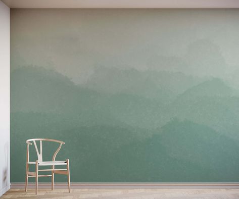 Multiple layers and a stepped ombre effect make this design very unique. It's a great way of adding a landscape mural to your wall, but in a way that is more subtle, refined and contemporary Ombre Wall Green, Ombre Wallpaper Living Room, Ombré Accent Wall, Green Ombre Wall Paint, Green Mural Painting, Green Ombré Wall, Subtle Wall Mural, Ombré Wall Paint, Subtle Mural