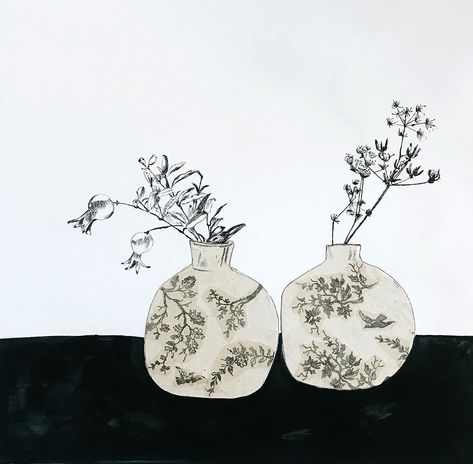 Tropical Room Decor, Round Vases, Drypoint Etching, Mixed Media Illustration, A Level Art, Water Painting, Japan Art, Monoprint, Pencil Illustration