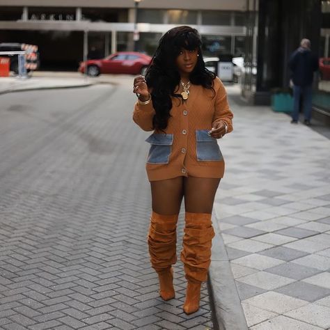 Stafani Milano ⚖️ on Instagram: "He’s in Love with the Cocoa… 🤎🧡" Boots And Dresses Winter, Thigh Boots Outfit Black Women, Birthday Outfit With Boots, Winter Night Out Outfits For Women, Gno Outfit Winter Night, Fall Fashion Outfits Black Women, Black Woman Fashion Classy, Divorce Court Outfit Women, Outfits For Winter Women