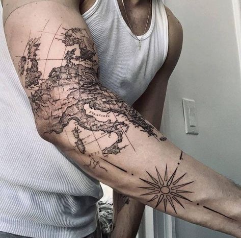 Bang Bang Tattoo, Band Tattoos For Men, World Map Tattoos, Map Tattoo, Half Sleeve Tattoos Drawings, Pirate Tattoo, Map Tattoos, Clever Tattoos, Tattoo People