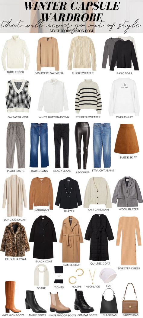 A Winter Capsule Wardrobe That Will Never Go Out of Style - MY CHIC OBSESSION Going Out Capsule Wardrobe, Winter Shoe Capsule, Missouri Outfit, Winter Styling Outfits, Styling Winter Outfits, Winter Essentials Clothes Women, Winter Work Capsule Wardrobe, Outfit Winter 2022, Winter Capsule Wardrobe 2022