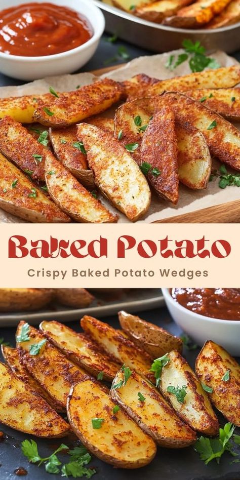 Crispy Baked Potato Wedges with Smoky Chipotle Ketchup Ingredients: 3-4 medium-sized Russet potatoes, scrubbed clean 2-3 tablespoons of olive oil 1 teaspoon paprika (smoked or regular) 1 teaspoon garlic powder 1 teaspoon onion powder Sea salt to taste Black pepper to taste #Baked #Potato Russet Potato Wedges In Oven, Seasoned Wedges, Chipotle Ketchup, Russet Potato Recipes, Baked Potato Wedges, Crispy Baked Potatoes, Potato Wedges Baked, Potato Recipes Side Dishes, Potato Sides