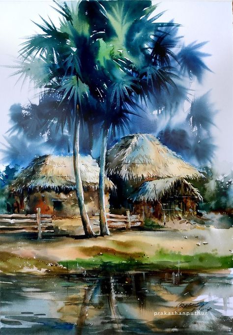 Prakashan Puthur Drawing Scenery, Watercolor Scenery, Watercolor Art Landscape, Watercolor Paintings Nature, Art Village, Scenery Paintings, Watercolor Paintings Easy, Landscape Art Painting, Watercolor Painting Techniques