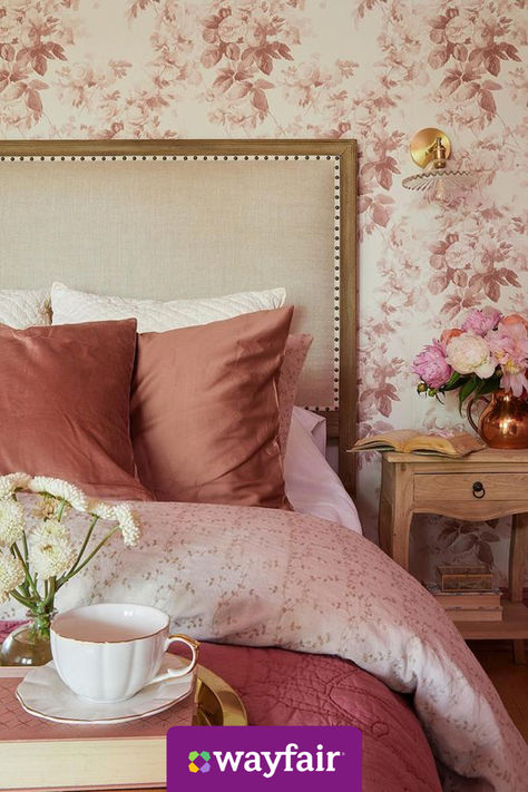 We can't stop obsessing over this floral-inspired bedroom. Want to bring the look home for yourself? Pink patterned wallpaper, a slim wooden nightstand, and a neutral upholstered bed can help. Neutral Upholstered Bed, Farmhouse Bedroom Design, Tiny House Interior, Pink Bedroom, Farmhouse Bedroom, Bedspreads, Bed Decor, Room Decor Bedroom, New Room