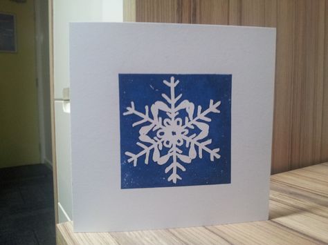 Christmas card. Snowflake linocut. Image from a real snowflake microscope picture. Cut from soft lino. Blue ink. Own design Snowflake Microscope, Snowflake Lino Print, Snowflake Linocut, Microscope Pictures, Snowflakes Real, Snowflake Patterns, Lino Printing, Snowflake Pattern, Lino Print