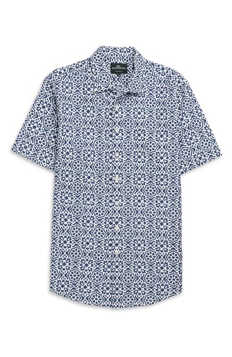 Mediterranean tiles inspire the ocean-blue patterns on a shirt made of linen and cotton in a fit that's perfect for relaxing on warm, sunny days. 31" length; 45" chest (size Medium) Front button closure Spread collar Short sleeves Chest patch pocket 65% linen, 35% cotton Machine wash, line dry Imported Mediterranean Tiles, Blue Patterns, Resort Shirt, Tile Print, Fabric Gifts, Free Fabric, Ocean Blue, Casual Shirt, Shirt Pattern