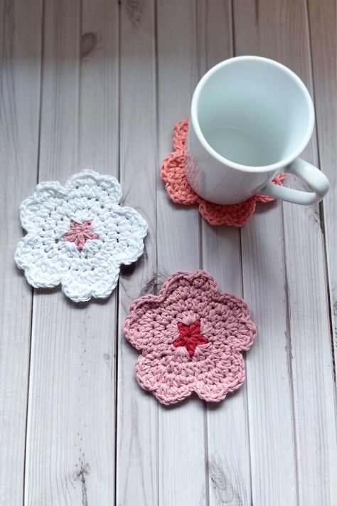 Crochet Flower Coaster Pattern - Cherry Blossoms Crochet Flower Coaster Pattern, Flower Coaster Pattern, Crochet Flower Coaster, Flower Colouring In, Flower Coaster, Coaster Pattern, Japanese Knot Bag, Cherry Blossom Festival, Crochet Heart