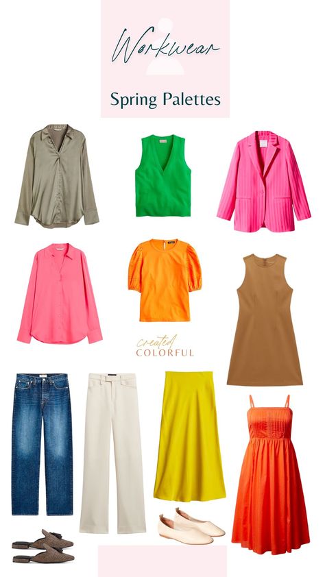 Spring Colour Clothes, Clear Spring Work Outfits, Clear Spring Neutrals, Bright Spring Work Outfits, Spring Color Pallete Outfits, True Spring Color Palette Outfits Capsule Wardrobe, Bright Spring Palette Outfits, House Of Colour Spring Outfits, Bright Spring Color Palette Clothes