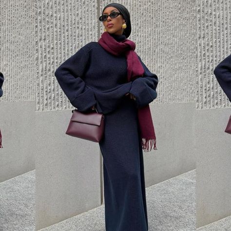 Look We Love: Navy and Oxblood Navy Monochrome Outfits For Women, Monochrome Navy Outfit, Navy Blue Scarf Outfit, Navy Monochrome Outfit, Navy Blue Hijabi Outfits, Navy Oversized Winter Tops, Modest Outfits Winter, Knitted Coord, White Knee High Boots