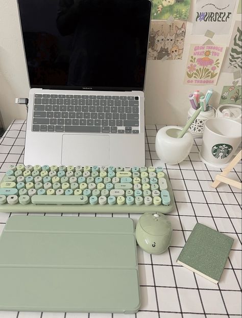 Pastel Green Desk Aesthetic, Green Typewriter Keyboard, Aesthetic Keyboard Setup, Cute Keyboard Aesthetic, Sage Green Desk Accessories, Pastel Green Office, Pastel Green Decor, Sage Green Study Aesthetic, Sage Green Desk Aesthetic