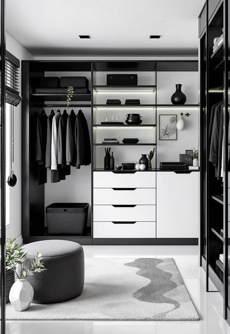 Walk in Closet Ideas Grey Closet Ideas, Black And White Closet, White Wardrobe Designs, Black White And Grey Bedroom, Boutique Style Closet, Walk In Closet Ideas, Gray Closet, Transitional Closet, Smart Closet