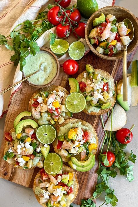 Dive into deliciousness with these Shrimp Ceviche Tostadas.  Juicy shrimp soaked in tangy lime juice, mixed with crunchy veggies, all piled onto a crispy tostada shell. It’s a mouthwatering b… Ceviche Ingredients, Shrimp Tostadas, Creamed Cucumbers, Pizza Appetizers, Fried Tortillas, Shrimp Ceviche, Juicy Shrimp, Mexican Dinner, Salad Sauce