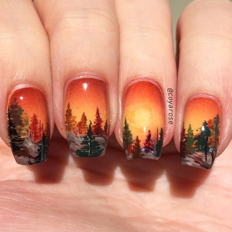 Autumn fall forest mountain tree sunset pine fir nails nail art Free Hand Nail Art, Hand Nail Art, Mountain Vibes, Thanksgiving Nail Designs, Nails Autumn, Tree Nails, Nagel Tips, Fall Acrylic Nails, Pretty Nail Art Designs