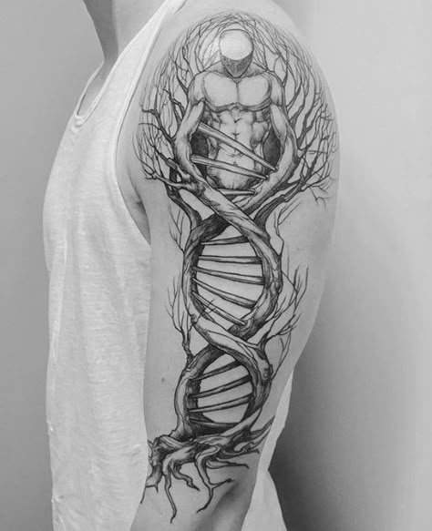 Guy With Trippy Tattoo Design Dna Tree, Science Tattoo, Dna Tattoo, Samoan Tattoo, Inspiration Tattoos, Irezumi Tattoos, Geniale Tattoos, Tattoo Life, Nature Tattoos