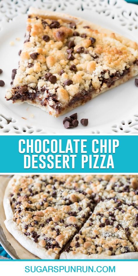 This Chocolate Chip Dessert Pizza is so easy to make with just 10 ingredients! My recipe features a homemade pizza crust, cream cheese sauce, chocolate chips, and a crumbly streusel topping. Dessert Pizza Toppings, Dessert Pizza Crust, Chocolate Chip Dessert, Chocolate Chip Pizza, Black Color Hairstyles, Dessert Pizza Recipes, Pizza Oven Recipes, Sugary Treats, Desserts With Chocolate Chips