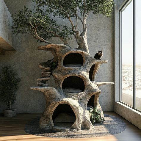 This cat treehouse tower is creatively shaped like a tree, offering your feline a naturalistic playground to climb, explore, and relax. With its sturdy, sisal-wrapped “trunk” and plush, leaf-shaped perches at various heights, this tower mimics the feel of a real tree. Cozy hideaways nestled among the “branches” provide perfect spots for napping, while dangling toys add an element of interactive play. Designed to blend seamlessly into your home décor, this tree-shaped cat tower combines durabi... Crazy Cat Trees, Window Cat Tree, Cat Tree Ideas Diy, Stylish Cat Tree, Cat Tower Aesthetic, Diy Cat Tree Homemade, Cat Tower Diy, Garage Adu, Cat Trees Homemade