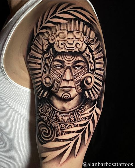 Aztec Shoulder Tattoo Men, Aztec Shoulder Tattoo, Guerrero Maya Tattoo, Mexican Tattoo Ideas For Men Aztec, Aztec Warrior Tattoo Men, Aztec Warrior Tattoo, Aztec Tattoos Sleeve, Azteca Tattoo, Tato Tradisional