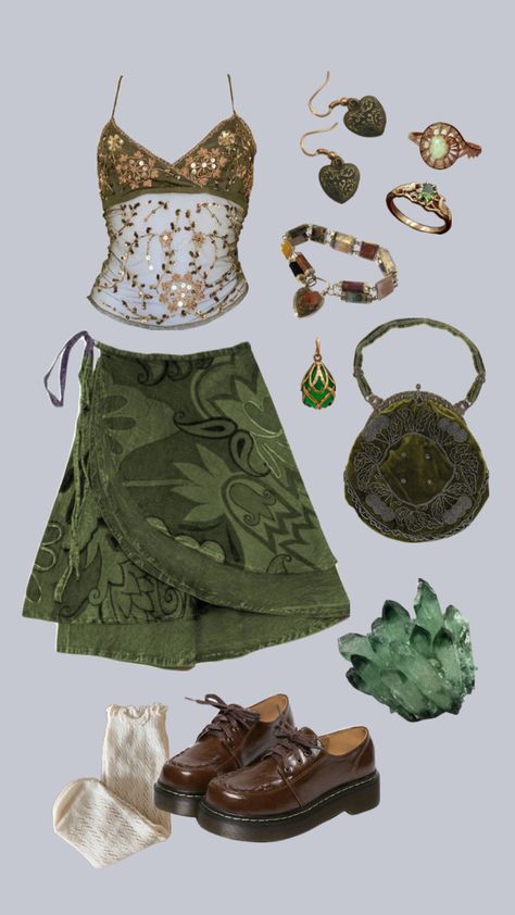 #outfit #outfitinspo #green #greenaesthetic #fairy #vintage #crystals #whimsigoth Fairy Vintage, Fairy Outfit, Earthy Outfits, Fairy Clothes, Funky Outfits, Swaggy Outfits, Hippie Outfits, Lookbook Outfits, Dream Clothes