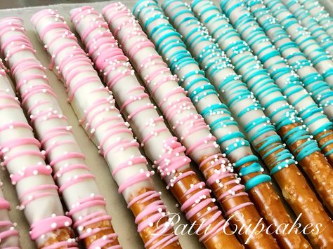 Gender Reveal Chocolate covered pretzel Sticks Gender Reveal Chocolate, Gender Reveal Dessert Table, Covered Pretzel Sticks, Sports Gender Reveal, Chocolate Covered Pretzel Sticks, Gender Reveal Dessert, Gender Reveal Food, Baseball Gender Reveal, Gender Reveal Party Food