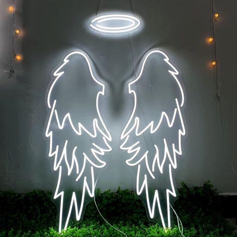 Angel Wings Neon Sign, Neon Wings, Wings Neon Sign, Angel Wings And Halo, Wings And Halo, Bar Aesthetic, Angel Halo, Aesthetic Neon, Neon Led Sign