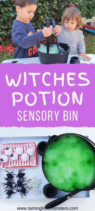 Have fun with this witches potion sensory bin for toddlers and preschoolers. Your kids will love brewing up some magic with this Halloween play idea. Green soap foam and Halloween toys create a fun and easy sensory bin. #Halloween #sensory #toddler #preschool #witch Potion Sensory Bin, Potions For Kids, Halloween Soup, Halloween Sensory Bin, Halloween Activities For Toddlers, Halloween Crafts Preschool, Halloween Sensory, Halloween Week, Witch Potion