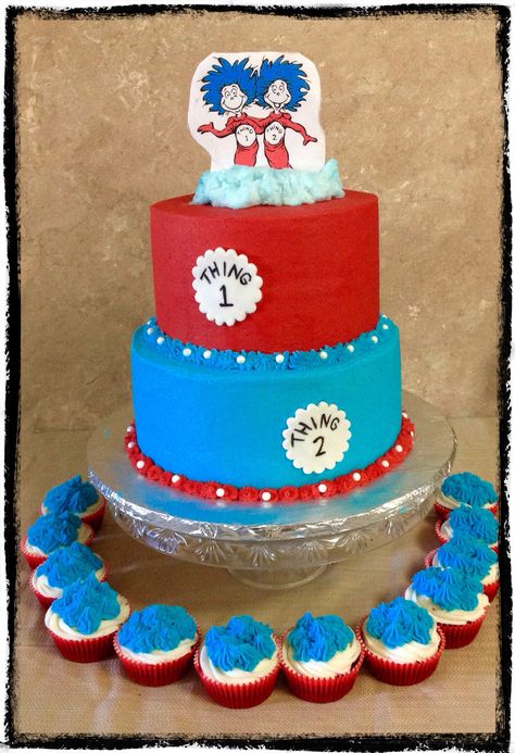 Thing 1 & Thing 2 Baby Shower Cake & Cupcakes Thing One Thing Two, Thing 1 And Thing 2, 2nd Birthday Outfit, Thing One, Desserts Ideas, Gender Reveal Cake, 2 Birthday, Birthday Outfits, Baby Shower Cake