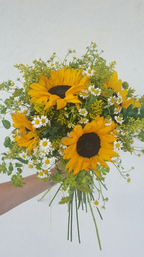 Sunflowers made perfectly for my sweet bride!! Sunflower And Greenery Bouquet, Sunflower Mixed Bouquet, Small Sunflower Bouquet Simple, Summer Sunflower Bouquet, Sunflower Daisy Bouquet, Sun Flower Bouquet Simple, Sunflower Arrangements Rustic, Flower Bouquet With Sunflowers, Sunflower And Tulips