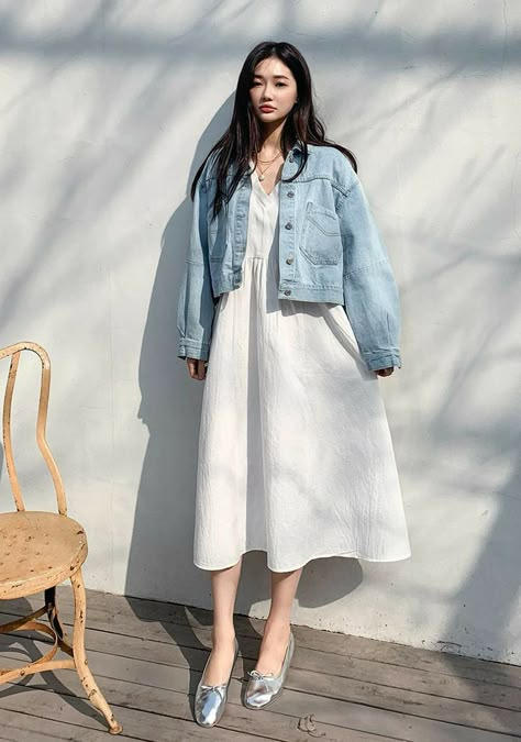 Summer Dress With Denim Jacket, Denim Jacket And White Shirt, Crop Jacket With Dress, Cropped Denim Jacket With Dress, Denim Jacket Outfit Women Aesthetic, Korean Denim Jacket Outfit, Korean Ootd Casual, Korean Denim Outfit, Korean Summer Outfits Dress