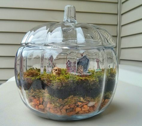 Halloween Terrarium I finally made my own little terrarium! I added tiny spooky props because I live and breathe Halloween all... Mini Graveyard Terrarium, Cemetarium Moss Terrarium, Spooky Terrarium Diy, Glass Pumpkin Jar Ideas, Horror Terrarium, Spooky Terrarium Ideas, Fall Terrarium Ideas, Pumpkin Terrarium, Halloween Aquarium