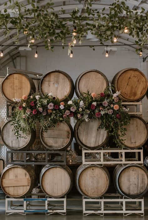 Representation of the wine barrel install- not for colors or flowers Wine Barrels Wedding, Wine Barrel Wedding Decor, Wine Cellar Wedding, Barrel Wedding Decor, Cellar Wedding, Wine Barrel Wall, Wine Barrel Wedding, Barrel Flowers, Barrel Room